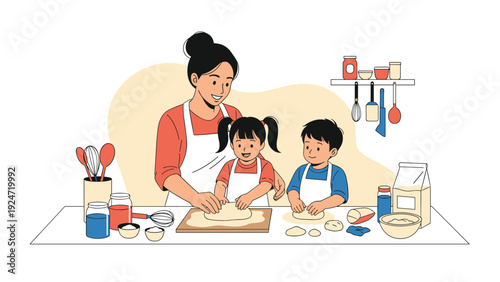 Mother and two young children enjoy baking together in a kitchen while preparing dough and using various cooking utensils on a large table.