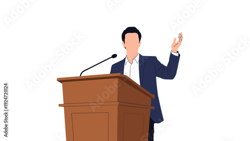 Man in a professional business suit stands behind a wooden podium and delivers a speech or presentation with one hand raised in the air.