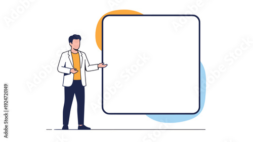 Professional man in a white jacket and yellow shirt stands next to a large blank white board and points to the empty space for text.