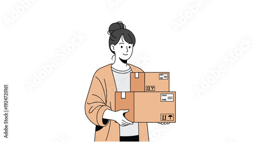 Young woman with a bun hairstyle stands smiling while holding two brown cardboard shipping boxes of different sizes for delivery or moving.