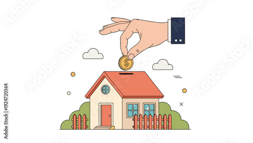 Hand of a person wearing a business suit puts a gold dollar coin into a house-shaped piggy bank to represent saving for a new home purchase.