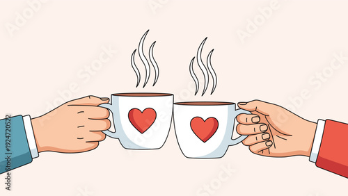 Two hands hold white coffee mugs decorated with red hearts and clink them together in a toast against a light pink background.