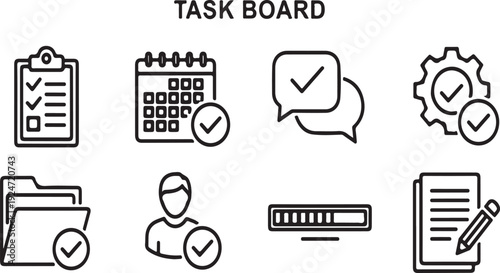 Task board with icons representing various project management activities Vector
