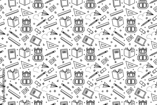 Elementary school stationery pattern.  School supplies seamless pattern. School attributes seamless pattern. Student accessories repeat background. Back to school banne. Education doodle pattern.