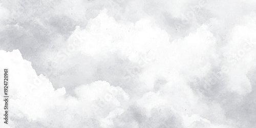 Soft watercolor clouds background with white copy space, ethereal dreamlike sky texture on a white background.
