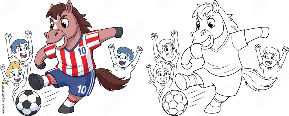 Fototapeta premium Energetic Cartoon Horse Playing Soccer with Cheering Kids Coloring Page