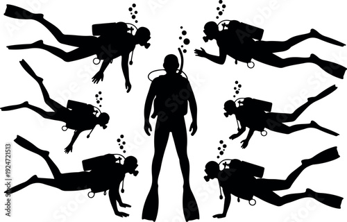 Scuba Divers Underwater Outline Set Ocean Exploration Line Art Collection