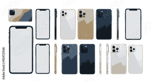 Collection of various mobile phone mockups with different colors and designs on a white background showcasing multiple angles and styles