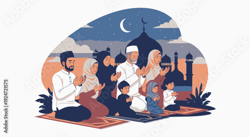 Muslim family praying together at mosque during evening under moon