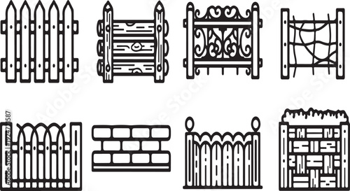 Assorted fence designs showcasing various materials and styles Vector
