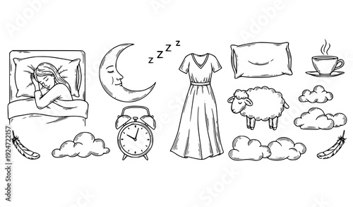 Vintage Sleep Time Doodle Icons with Moon Sheep Pillow and Night Symbols