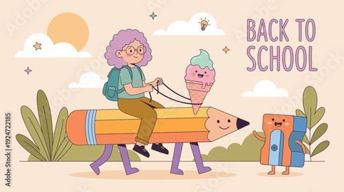 Whimsical Girl Riding Giant Pencil with Ice Cream for Back to School