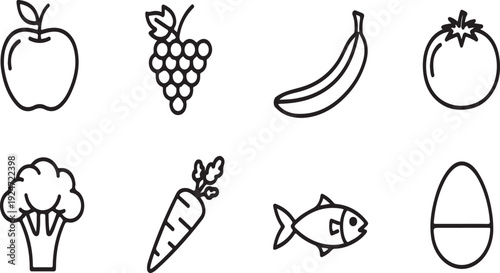 Assorted healthy foods including fruits, vegetables, and proteins Vector