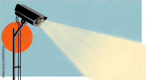Modern surveillance camera with bright spotlight beam mounted on a pole with orange circle security camera observation monitoring technology security protection transparent background