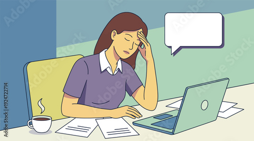 Woman Feeling Stressed at Work with Coffee and Laptop