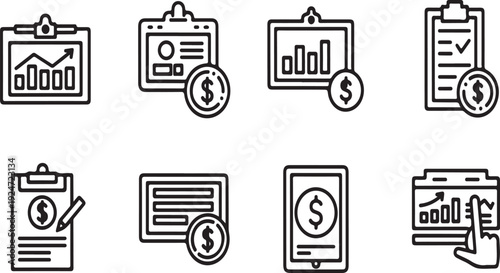Eight icons representing various aspects of financial management and documentation Vector