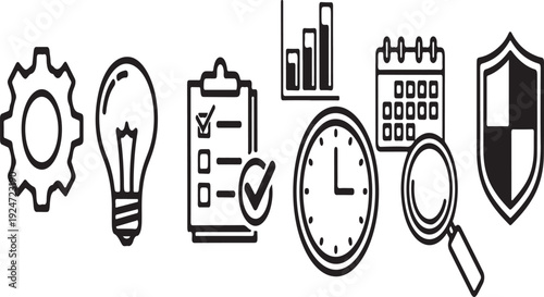 Icons representing various aspects of business and project management. Vector