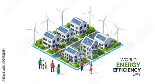 Illustration of people standing near eco-friendly houses with solar panels and wind turbines on a green landscape for World Energy Efficiency Day, promoting sustainable energy use and