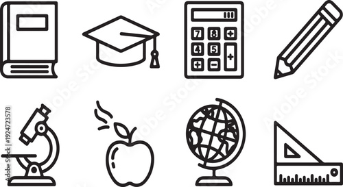 A collection of educational icons representing various school subjects and tools Vector