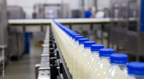 Milk Bottles with Blue Caps Moving on a Conveyor Belt in a Modern Dairy Food Processing Plant