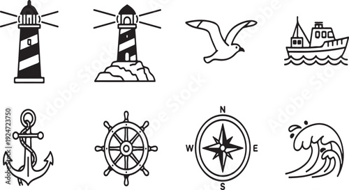 Collection of nautical symbols and icons representing maritime themes and navigation. Vector