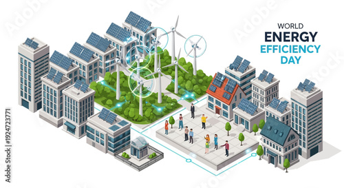 Isometric illustration of people in a city with wind turbines and green spaces for World Energy Efficiency Day, promoting eco-friendly lifestyle and renewable energy solutions.