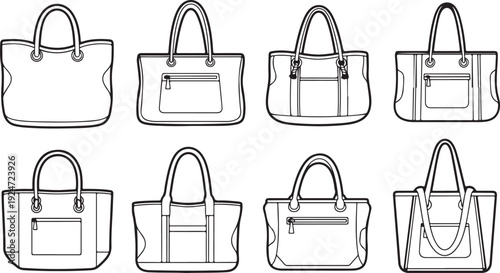 A collection of various handbag designs and styles illustrated in black and white Vector