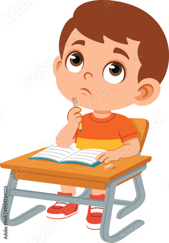 Flat cartoon school boy sitting at desk with pencil on chin and thoughtful expression. Ideal for education materials, classroom posters, kids learning content, and emotion charts.