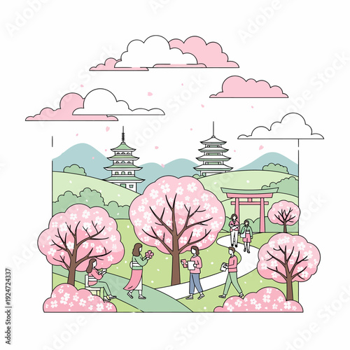 A beautiful illustration of people enjoying cherry blossoms in a traditional Japanese park with pagodas and a torii gate.