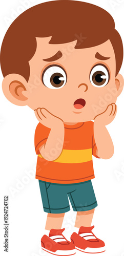 Flat cartoon boy with furrowed eyebrows and hand on cheek showing a worried expression. Ideal for emotion charts, kids education materials, posters, and sticker design.