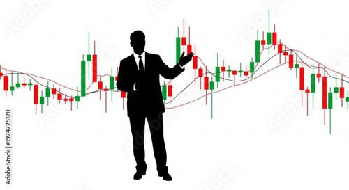 Businessman in suit standing in front of colorful stock market graph lines