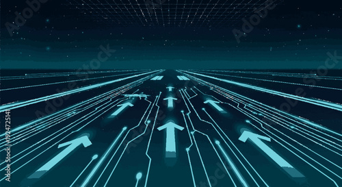 Futuristic neon lit highway with glowing arrows and lanes stretching into the distance dark background modern technology concept
