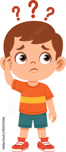 Flat cartoon boy with confused expression pointing to his head. Ideal for emotion charts, kids education materials, classroom posters, and sticker design.
