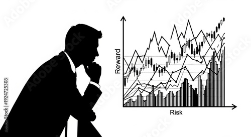 A silhouette of a man in a suit analyzing a complex risk reward graph chart