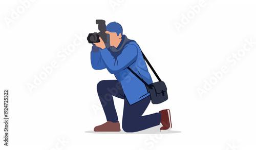 Wedding Photographer in Action with Mirrorless Camera Vector Illustration on White