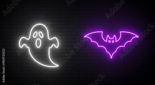 Halloween Neon Signs: Spooky White Ghost and Purple Bat on a Dark Brick Wall for Party Decor