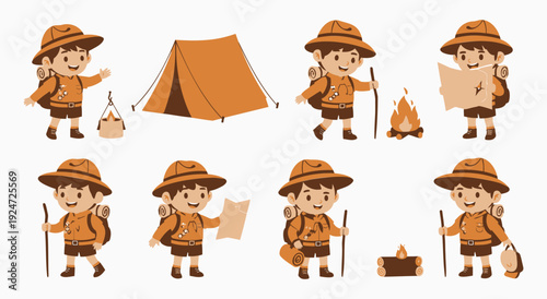Scout boy adventures camping outdoors flat illustration