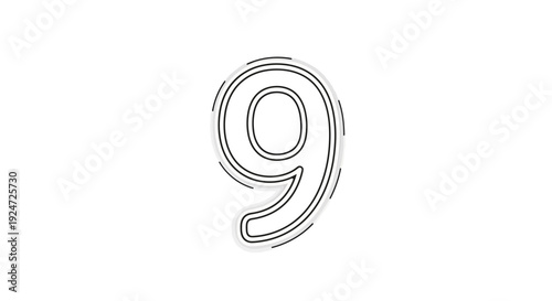 Stylized Number 9 with Outline and Shadow Effect on White Background