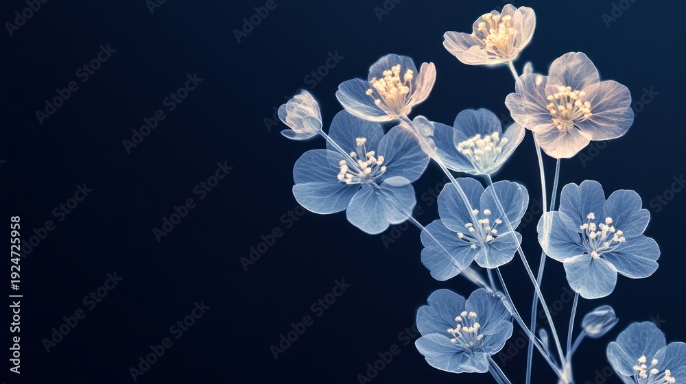 Fototapeta premium Delicate, ethereal arrangement of translucent flowers, in shades of blue and cream against a deep indigo background