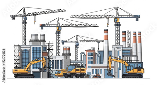 Construction site with cranes and heavy machinery building structures.