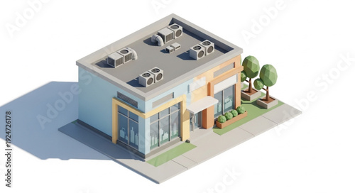 Isometric view of a modern building with glass windows and a flat roof, featuring trees.