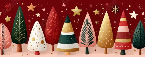 Colorful Christmas trees lineup with stars on burgundy background for festive holiday decor