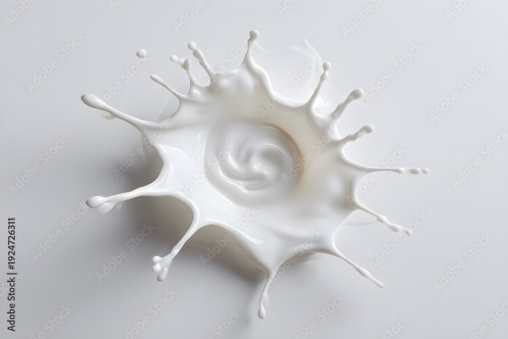 Fototapeta premium Milk drops create splash on flat surface during motion