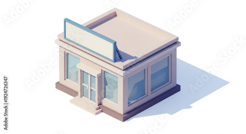 Isometric view of a modern commercial building with a blank sign, perfect for business.