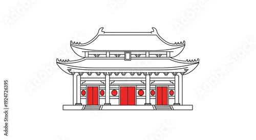 Traditional Asian Temple Facade with Red Doors and Ornate Roof