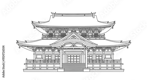 Traditional Japanese Temple Architecture Drawing, Outline Style