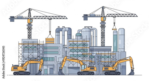 Construction site with cranes and excavators building a complex structure.
