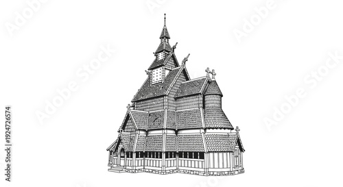 Traditional Norwegian Stave Church Drawing - Historic Wooden Architecture