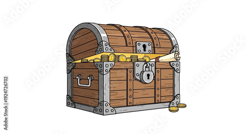 Treasure Chest Overflowing with Gold Coins and Scroll, Pirate Booty