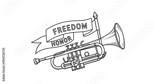 Trumpet with Freedom and Honor Banner - Vintage Sketch Style